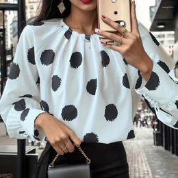 Women's Blouses 2024 Spring Polka Dot Printed Women Blouse Shirts Elegant O-neck Office Ladies Top Autumn Long Sleeve Buttoned Pullover