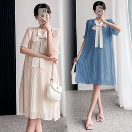 Maternity Dresses Pregnant Woman Summer Clothes Short Sleeve Bowknot Collar Maternity Pleated Dress Office Lady Elegant Chiffon Dress Wholesale 230428