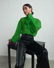 Women's Blouses 2023 Real Limited Spring European And American Fashion Shirts Chiffon Perspective Ruffles Niche Green