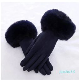 Five Fingers Gloves Female Faux Rabit Fur Suede Leather Touch Screen Driving Glove Winter Warm Plush Thick Embroidery Full Finger