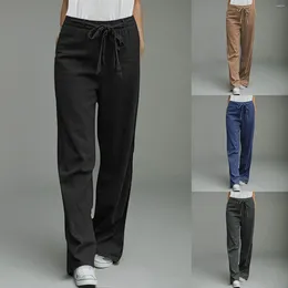 Women's Pants Women Cotton Linen 2023 Summer Fashion Elastic Waist Loose Straight Female Casual Solid Colour Ankle-length Trousers