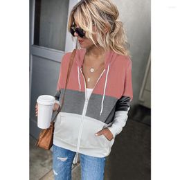 Women's Jackets Long Sleeve Contrasting Color Hoodie Women Zipper Pocket Cardigan Jacket Loose Coat Retro Drawstring Stripe Splicing Fashion