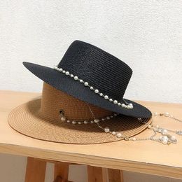 Wide Brim Hats 2023 Designer Chain Necklace Sun With Pearl For Women Summer Foldable Beach Ladies Fashion Party Straw Hat Wholesale