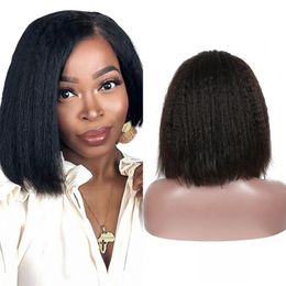 Kinky Straight Full Lace Wigs Brazilian Human Hair 130% Density Short Bob Wig for Black Women