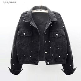 Women's Jackets Black Vintage Oversized Women Short Jeans Jacket With Pearls Diamonds Spring Streetwear Female Denim Coat Loose Outwear 230428