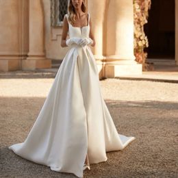 Party Dresses TIXLEAR Ivory ALine VNeck Sweep Train Satin Simple Sleeveless Gloves Button Backless Elegant Wedding Dress 2023 robe de 230427