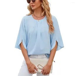 Women's Blouses Solid Round Neck Half Sleeve Loose Chiffon Shirt Top For Women Fashion Pleated Pullover Blouse Elegant OL Clothing 2024