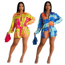 Womens Two Piece Shorts Set Outfits Summer Fashion 2 Pieces Chains Geometric Pattern Printed Long Sleeve Top Shirt and Pant Suit Casual Spring Clothes