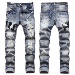 Men's Jeans European Jean Hombre Letter Star AM tiny spot Men Embroidery Patchwork Ripped Trend Brand Motorcycle Pant Mens Skinny AM3093# size 29-38