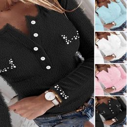 Women's Blouses Half-open Button Top Slim Fit Stretchy Blouse Beaded Long Sleeve Tops For Women Solid Color Skinny Fuzzy Tee With Buttoned