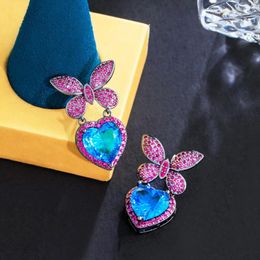 Dangle Earrings ThreeGraces Light Blue Cubic Zirconia Black Gold Color Lovely Butterfly Heart CZ Drop For Women Party Jewelry E1152