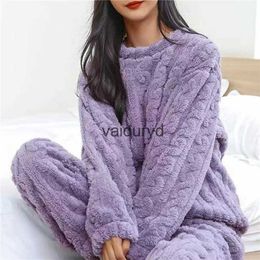 home clothing Women Fleece Pajamas Set Winter Sleepwear Solid Velvet 2 Piece Pant Home Suit Fluffy Casual Warm O-neck Night Wear 2023vaiduryd5