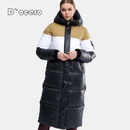 Leather DOCERO 2022 Women's Winter Down Jacket Patchwork Long Women Padded Quilted Parka Thickened Warm Female Coat Cotton Outerwear