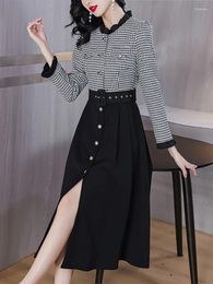 Casual Dresses 2023 Autumn Winter Woollen Knitted Thick Warm Dress Women Black Houndstooth Elegant Korean Fashion Bodycon Formal Vestidos