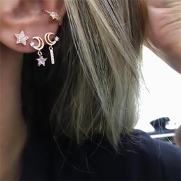 Stud Earrings 4 Pcs/ Set Fashion Classic Shiny Crystal Gem Star Moon Pendant Gold Women Wedding Jewelry Gift