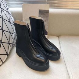 The row smooth Leather Ankle 22 Boots platform zipper slip-on round Toe block heels Flat Wedges booties THYDH Comfortable shoes