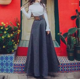 Skirts Vintage Maxi Women Loose Long Skirt Office Ladies French Fashion Lace-up Plaid Elegant High Waist A-Line