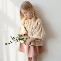 Kids Shirts Retro Long Sleeve Linen Girls Blouse Spring Autumn Childrens Casual Warm Cotton And TZ112 230427