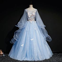 Plus Size Sexy Mother Of Bride Dresses Arabic Aso Ebi Long Sleeves Sheath Vintage Prom Evening Formal Party Gowns Light Blue Lace Butterfly Quinceanera Dress
