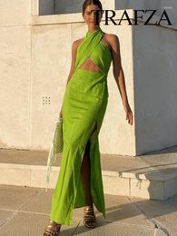 Casual Dresses TRAFZA Fashion Green Sling Long Dress Women Sexy Backless Elegant Lace-Up Sleeveless Hollowed Out Woman's