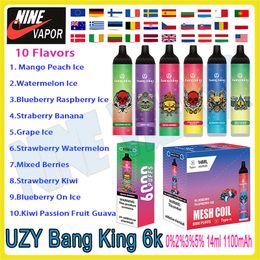 Authentic UZY Bang King 6000 Puff Disposable Vape Pen 14ml Pod 1100mAh Battery Rechargeable Electronic Cigarette 0% 2% 3% 5% Puffs 6K VS Fluum Bar 6k