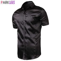 Men's Dress Shirts Stylish Black Satin Shirt Men 2020 Summer Short Sleeve Silk Like Mens Dress Shirts Casual Party Wedding Event Prom Chemise Homme P230427