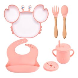 Cups Dishes Utensils born Children Dishplates Silicone Suction Plate Crab Children Plate Non-Slip Baby Food Feeding Bowl Bibs Cup Tableware Set 230428