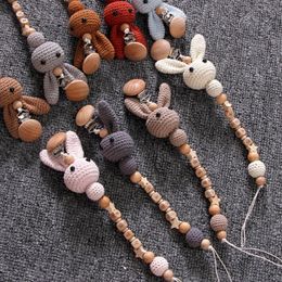 Pacifier Holders Clips# 1pc Crochet Bunny Baby Chain BPA Free Wooden Beads Appease Soother s born Dummy Holder Nipple 230427