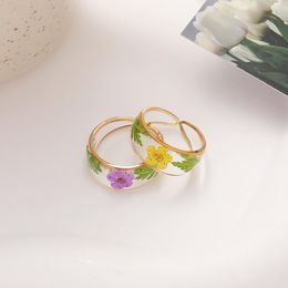 Wedding Rings Top Amazing Purple Yellow Dried Flower Ring For Women Adjustable Resin Acrylic Bands Jewellery Gift Wholesale BulkWedding