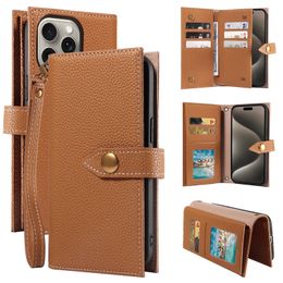 Luxury Folio Genuine Leather Vogue Phone Case for iPhone 15 14 13 Pro Max Sturdy Rope Magnetic Multiple Card Slots Cowhide Wallet Clutch Kickstand Protective Shell