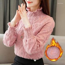 Women's Polos Autumn Winter Plus Velvet Thicken Women Lace Bottoming Shirt Female High Collar Long Sleeve Loose Tops Warm Folds Bluoses X741