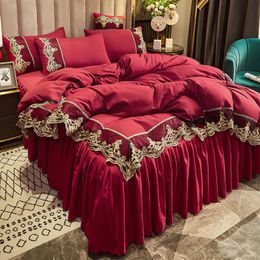 Bedding sets Wedding Bedding Sets Luxury Lace Embroidery Cotton Duvet Cover Bed Skirt Pillowcase Nordic Full Size Comforter Bed Cover Set 230427