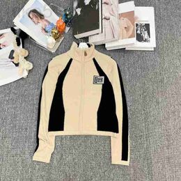 Women's Knits & Tees designer Xiaoxiangfeng 2023 new imitation mink Colour block leather logo letter stand up collar zipper long sleeved cardigan sweater for women K8UQ