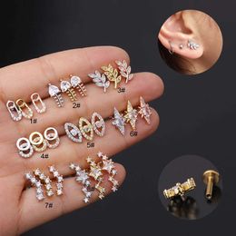 16g Stainless Steel Flat Bottom Stud Earrings Lip Nail Rod Internal Thread Ear Bone Nail Micro Embedded Cubic Zircon Puncture Earnail Ear Ring 14K Real Gold For Women