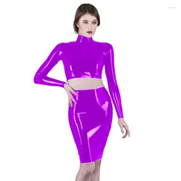 Work Dresses Women Sexy 2pcs Skirt Crop Top Spring/Autumn Summer PVC Long Sleeve Bodycon With Clothes For Matching Sets