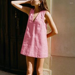 Casual Dresses Linen For Women 2023 Sexy V-Neck Sleeveless Chic And Elegant Woman Dress Boho Beach Sundress Vestido Feminino