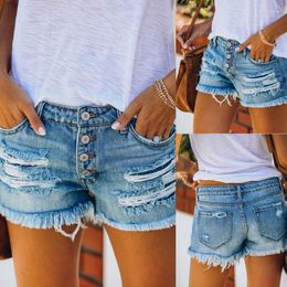 Women's Shorts Summer Women Trendy Perforated Tassel Embroidery Elastic Split Ragged Edge High Waist Denim Straight Breasted Pants