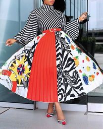 Prom Dresses Print Stripe Long Sleeve Pleated Long High Waist Large Dresses