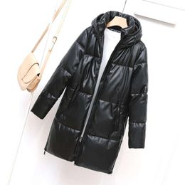 Parkas Women Fashion Black Warm Quilted Coats Cotton Padded Jackets Hooded Waterproof Faux PU Leather Long Winter Jacket Outwear Loose