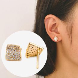 Stud Earrings 4pcs Micro Pave CZ Square Ear Posts 11x10mm Gold Plate Brass Geometric Earring Studs (GB-1287)