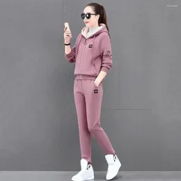 Women's Two Piece Pants Lady Soft Tracksuit Stylish Winter With Hooded Coat Drawstring Plush Embroidery Cosy Trendy Functional