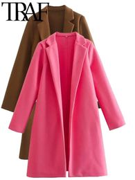 Womens Wool Blends TRAF Spring Autumn Women Overcoats Long Sleeve Loose Jacket Vintage Longline Trench Coat Female Outwear Warm Y2K Vestidos 231127