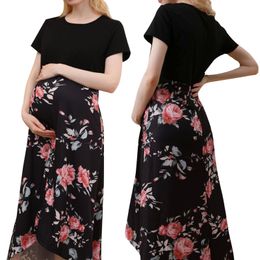 Maternity Dresses Maternity Dress Women Floral Print Short Sleeve V-neck Maxi Long Dress Pregnant Casual Clothes Summer Maternity Dress 230428