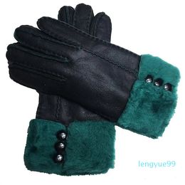 Five Fingers Gloves 100% Pure Sheepskin Winter For Women Genuine Cashmere Fur Warm Full Finger Leather
