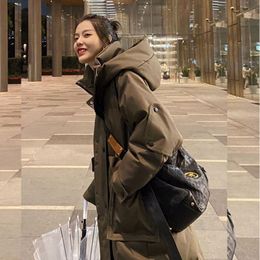 Leather Womens Brown Hooded Warm Down Clothes College Style Baggy Over The Knee Coat Straight Long Ladies Puffer Padded Outwear Winter