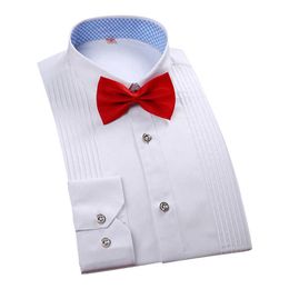 Men's Dress Shirts New Pleated Front Tuxedo Shirt Long Sleeve Wedding Party Dinner Men's Dress Shirts Brand Clothing Male with Bow Tie P230427