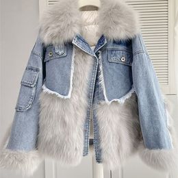 Women s Jackets KBAT Women Winter Denim Jacket Oversize Large Fur Collar Plus Velvet Detachable Thick Loose Warm Bomber Jean Coat 231127