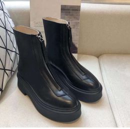The row smooth Leather Ankle Chelsea Boots platform zipper slip-on round Toe block heels Flat Wedges booties chunky luxury designer factory anti-slip Trendy shoes