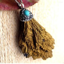 Pendant Necklaces Wholesale 6pc/lot Natural Jades Fan Shaped Black Tourmaline Stone Peacock Tail Necklace With Encrusted DIY