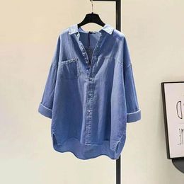 Women's Blouses Shirts For Women Polo-neck Korean Style Oversized Denim Blouse Blue Solid Long Sleeve Casual Loose Single Breasted Tops